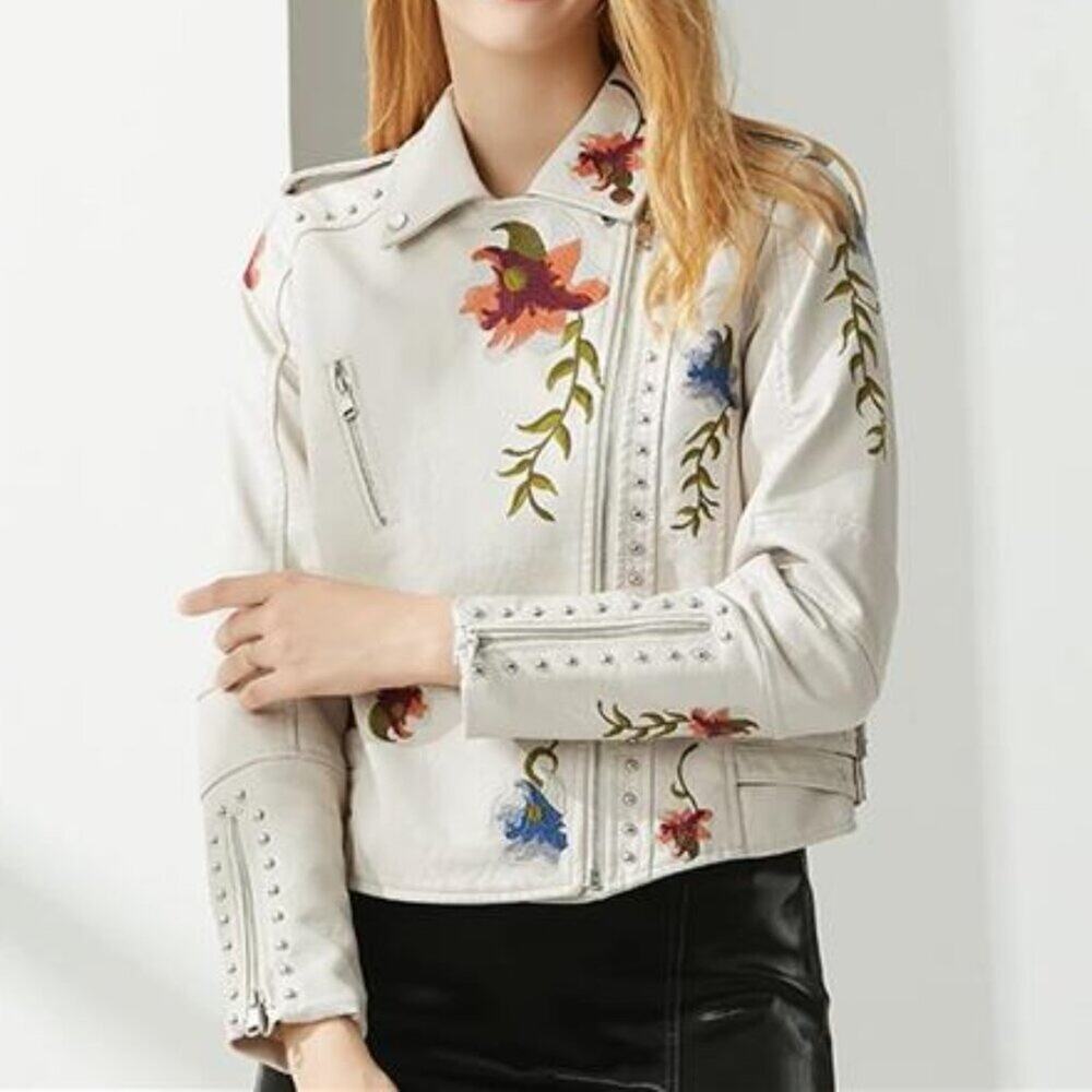 Women's Embroidered Studded Vegan Leather Jacket Moto Punk Jacket Floral Coat